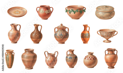 Ancient Greek pottery collection with antique ornaments
