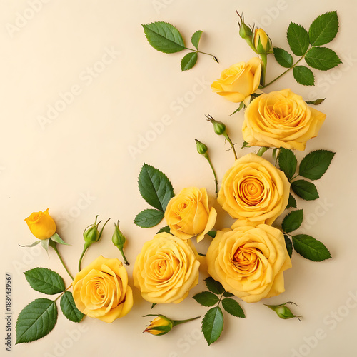 Vibrant Yellow Roses with Lush Green Leaves Arranged in a Decorative Floral Pattern on a Soft Beige Background