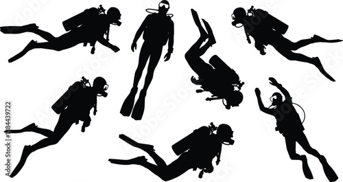 Scuba Diving Silhouettes Set Showing Underwater Divers With Oxygen Tanks and Fins for Marine Adventure, Professional Training, Underwater Sport and Exploration Concept