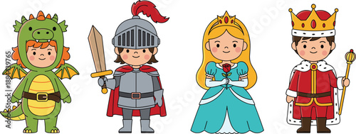 Cute fantasy character set featuring dragon knight princess and king costumes for kids fairy tale themes in colorful cartoon vector illustration style