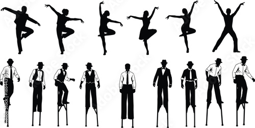 Dance and performer silhouette collection featuring ballet poses and vintage stilt walkers showcasing theatrical movement artistry in clean black vector illustration style