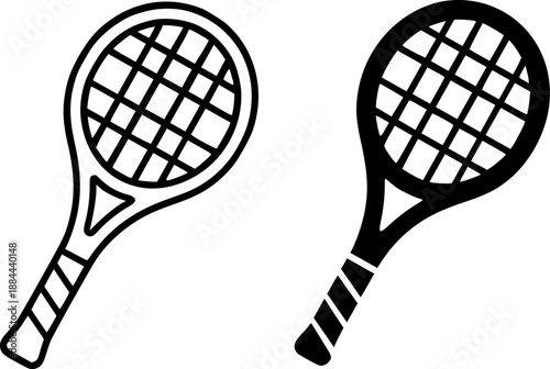 Sports icon, racket illustration in outline and silhouette styles