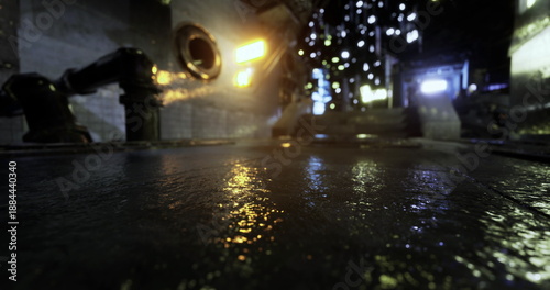 Cuadro en lienzo Lowangle wet metal floor with reflections, neon bokeh and industrial pipes, pudd