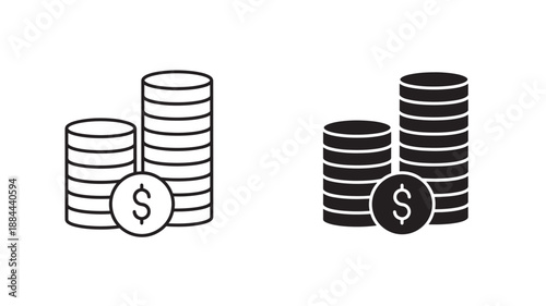 Two stacks of coins with dollar signs clean vector illustration on transparent background silhouette