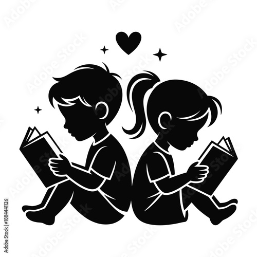 Two children reading together isolated on white background, Vector, illustration