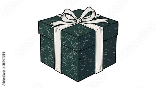 Festive Green Gift Box with White Ribbon and Decorative Pattern, Isolated on White Background, Celebrating Holidays and Special Occasions