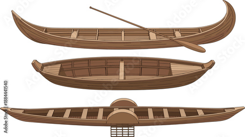 Traditional Wooden Boat Illustration Set Showing Canoe and Rowboat Views with Oar, Classic Watercraft Design for Maritime History and Fishing Concepts Isolated on White Background