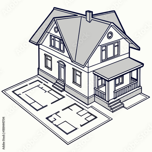 Architectural house model with blueprint on white