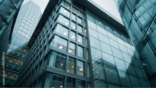 Sleek glass office courtyard with reflective facades, slow dolly video