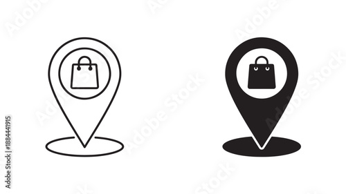 Shopping location icons with bag design outline and solid style on transparent background silhouette