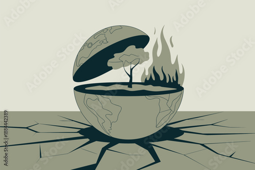 Cracked Earth, Burning Tree A Symbol of Climate Crisis, climate change awareness concept