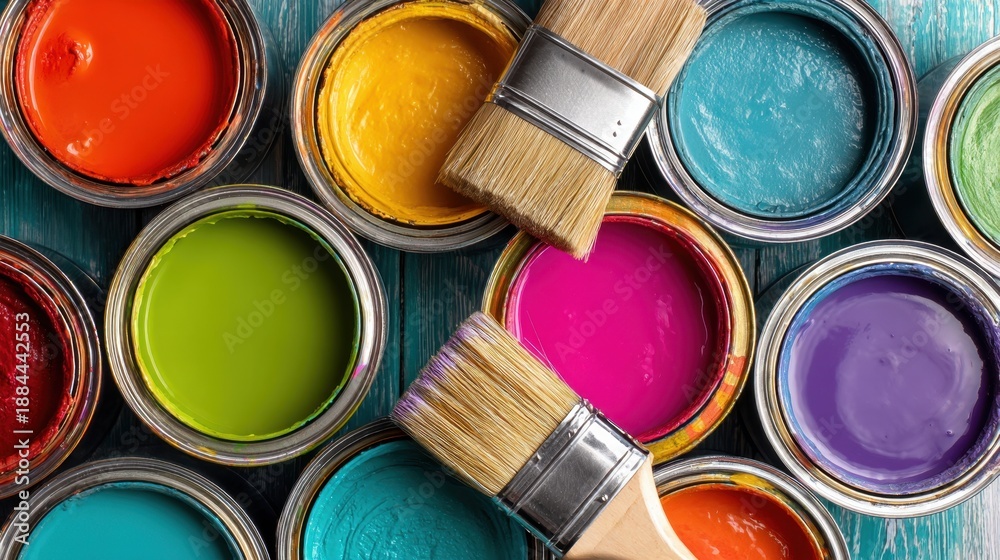 Fototapeta premium Colorful paint cans brushes