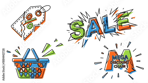 Mega Discount Chain Sale and Shopping Basket with Price Tag Illustration
