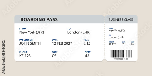 Realistic illustration of airplane ticket boarding pass with passenger name and destination. Concept of travel, journey or business trip.