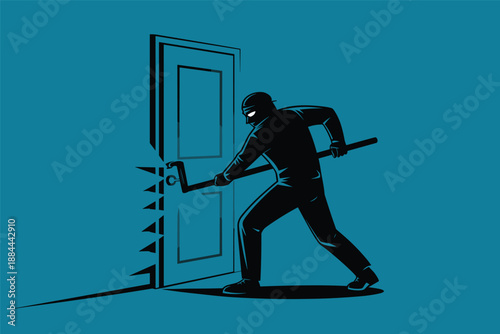 Burglar Breaking In with Crowbar, crime and security concept