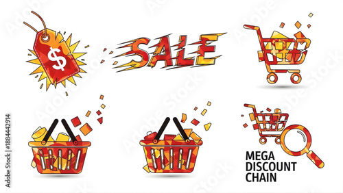 Eye-catching graphic set for retail promotions, highlighting discount events, online shopping opportunities, and special offers with dynamic elements