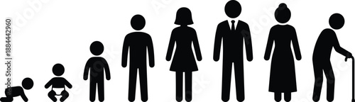 Silhouettes showing human life stages from infancy to old age, illustrating growth, aging, and generational development