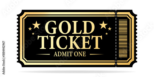 Vector golden tickets isolated on whithe backgound. Cinema, theater, concert, game, party, event, festival black and gold ticket.