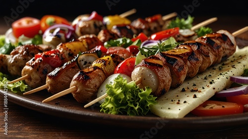 Grilled skewers with colorful vegetables and herbs on a plate