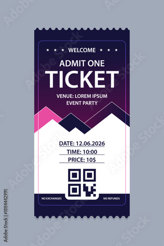 Realistic ticket admit for festivals, event, theater, concert, play.