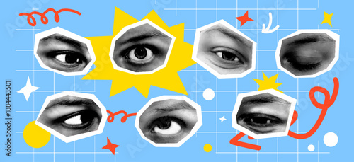Halftone vector collage eyes retro style. Graphic elements geometric shapes on a grid background. Photo conveys emotion, observation. Podcasts, editorial covers, social media graphics, web design.