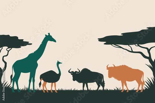 African Savanna Wildlife Silhouettes, wildlife landscape concept