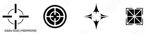 Targeting and crosshair vector icon set in black, including aim and focus symbols, ideal for precision graphics, gaming design, tactical interfaces, navigation tools, and vector illustration projects.