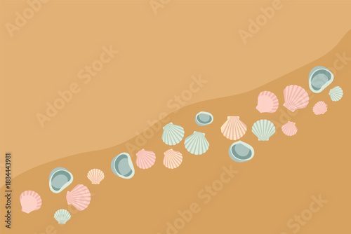 Sandy Beach with Pastel Seashells, summer background concept