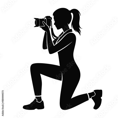 Woman photographer in action isolated on white background, Vector, illustration