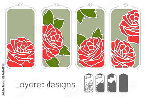 Set of decorative roses bookmark, Flowers gift tags, Layered svg for cutting