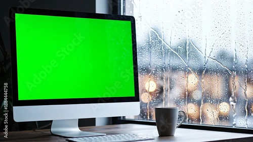 A video of a computer monitor with a green screen on a desk by a rainy window