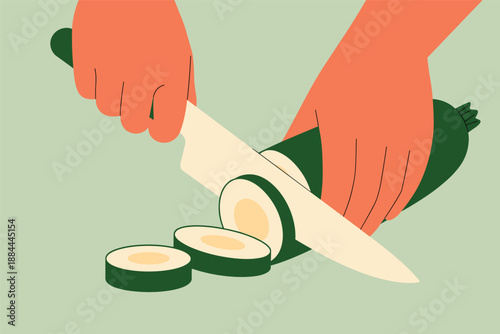 Hands Slicing Fresh Zucchini with a Kitchen Knife, home cooking concept