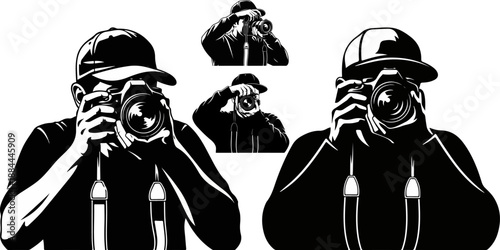 Silhouette collection of professional photographers capturing moments with digital slr cameras against a stark black background representing media