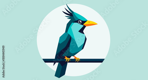 Stylized graphic design illustration of a vibrant blue crested bird perched calmly upon a dark horizontal branch against a soft circular background.