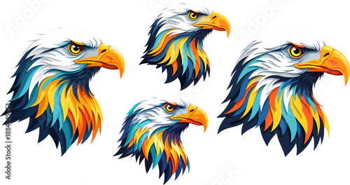 Four stylized illustrations of majestic bald eagle heads featuring vibrant blue yellow and orange feather accents showcase fierce predatory bird profiles