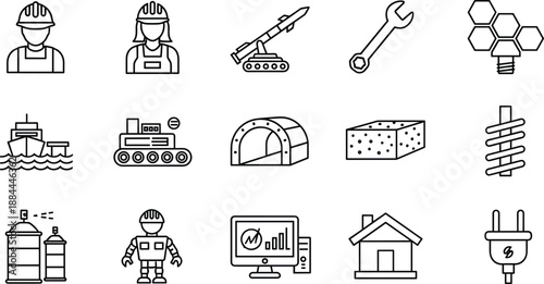 Line art icons featuring park landscape elements, playground toys, stone bridge, water fountain, forest trees, food cart, electric scooter, and automated industrial bottling production factory.