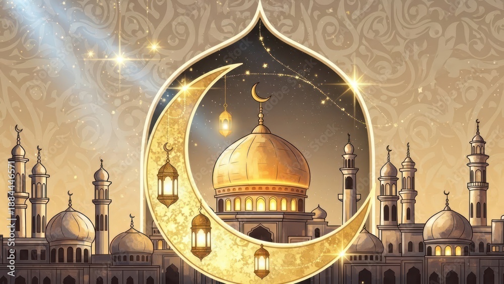 Fototapeta premium Islamic architecture illustration with crescent moon and mosque domes design
