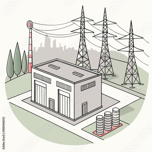 Modern Electric Power Station with Transmission Lines