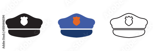 Police Hat Icon Variations Set. Minimal police hat icons in black, blue colour and outline styles, symbolizing law enforcement, authority, security and official uniform design elements.

