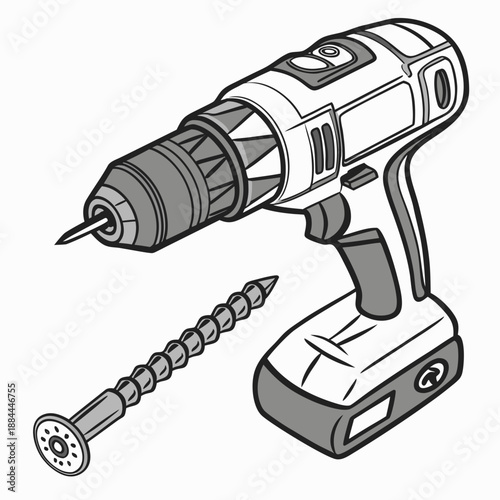 Power Drill and Screw Isolated on White Background