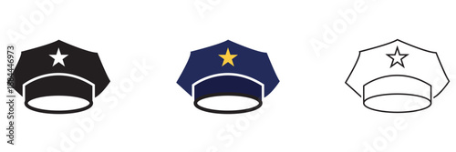 Police Hat Icon Variations Set. Minimal police hat icons in black, blue colour and outline styles, symbolizing law enforcement, authority, security and official uniform design elements.

