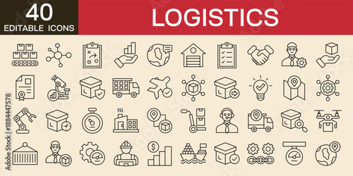 Logistics and supply chain icons vector illustration with icons of distribution, shipping, transportation, delivery, cargo, freight, route planning, supply chain, editable stroke line icons 