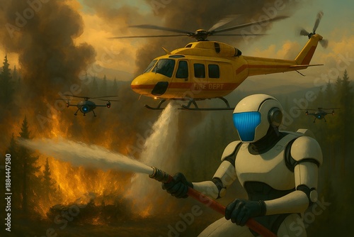 Humanoid robot spraying water on forest fire, supported by helicopter and drones, in smoky mountain landscape.