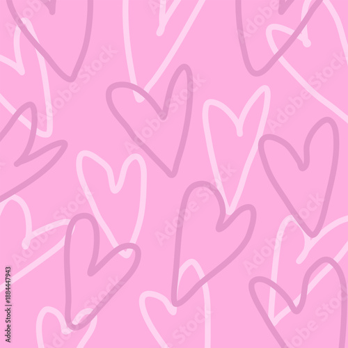 Seamless pink pattern with hand drawn heart outlines in soft pastel tones. Cute romantic doodle style, minimal flat design, playful background for Valentines Day, cards, textiles and prints