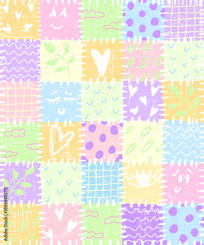 Soft pastel patchwork background with hand drawn abstract patterns, hearts, leaves, dots, lines and grids. Cute naive style illustration, playful decorative texture for kids design
