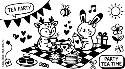 Whimsical kids doodle close up bunny and fawn having tea party on checkered picnic blanket pouring kettle smiling with cake hearts