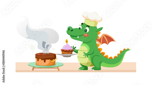 A friendly green dragon wearing a chef's hat, baking a chocolate cake in a cozy kitchen, puff of smoke from nostrils, 3D vector flat cartoon style.