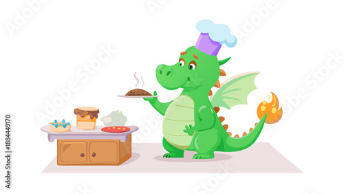 A friendly green dragon wearing a chef's hat, baking a chocolate cake in a cozy kitchen, puff of smoke from nostrils, 3D vector flat cartoon style.