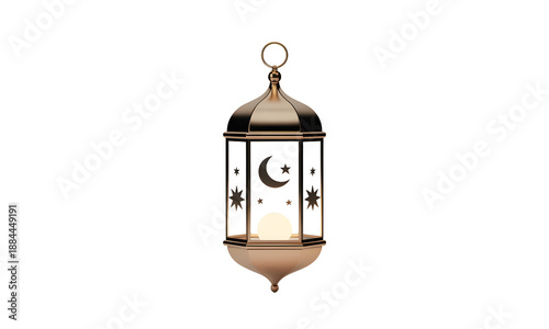 A beautifully designed lantern with a crescent moon and stars hanging from a hook on transparent background