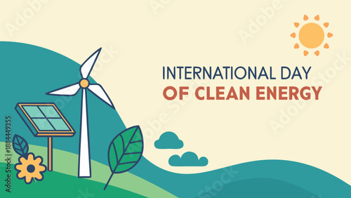 Clean Energy Day Graphic with Wind Turbine and Solar Panel 